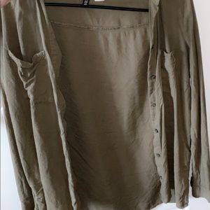 Button-down olive green blouse.